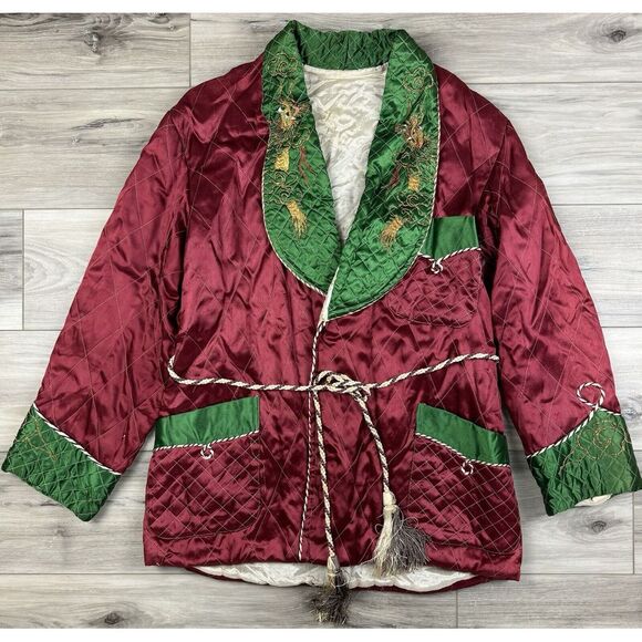 Vintage 40s 50s‎ Red Japan Souvenir Smoking Jacket Dragon Quilted Robe Fits M/L - Picture 1 of 6